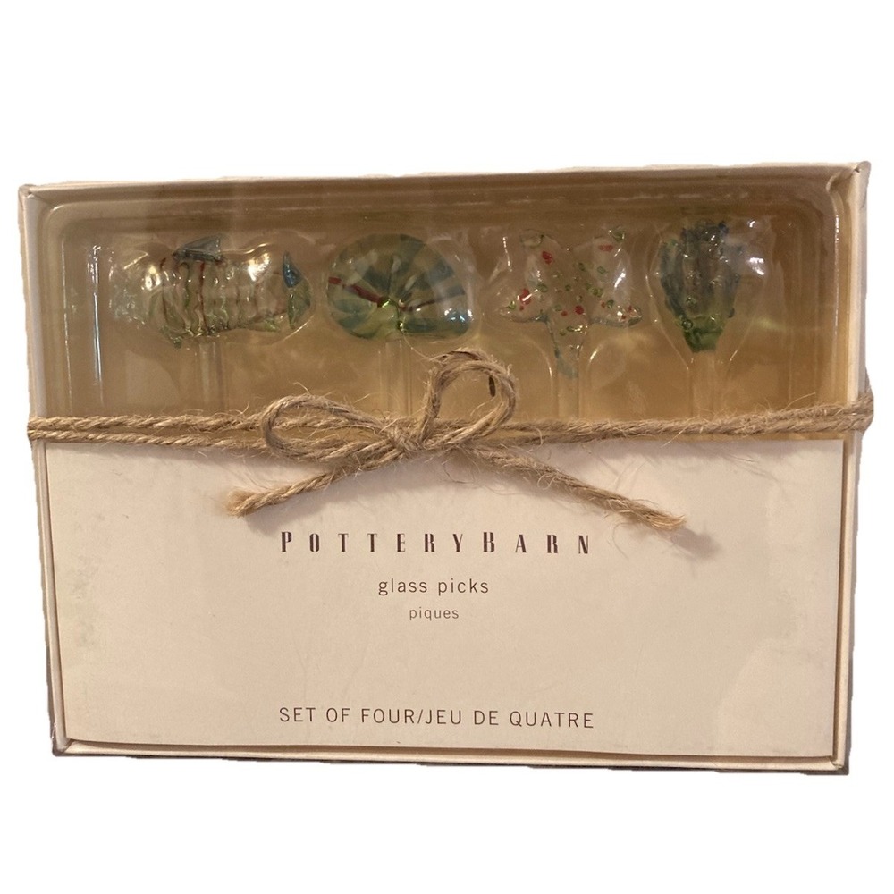 Pottery Barn Glass Picks Set Of 4 Beachy Fish Shell Starfish Ocean Sea NEW